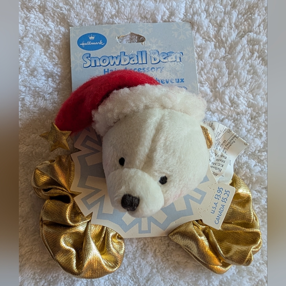 🆕 Hallmark Snowball Bear Hair Accessory Gold Scrunchie White Plush Santa Hat 🎅